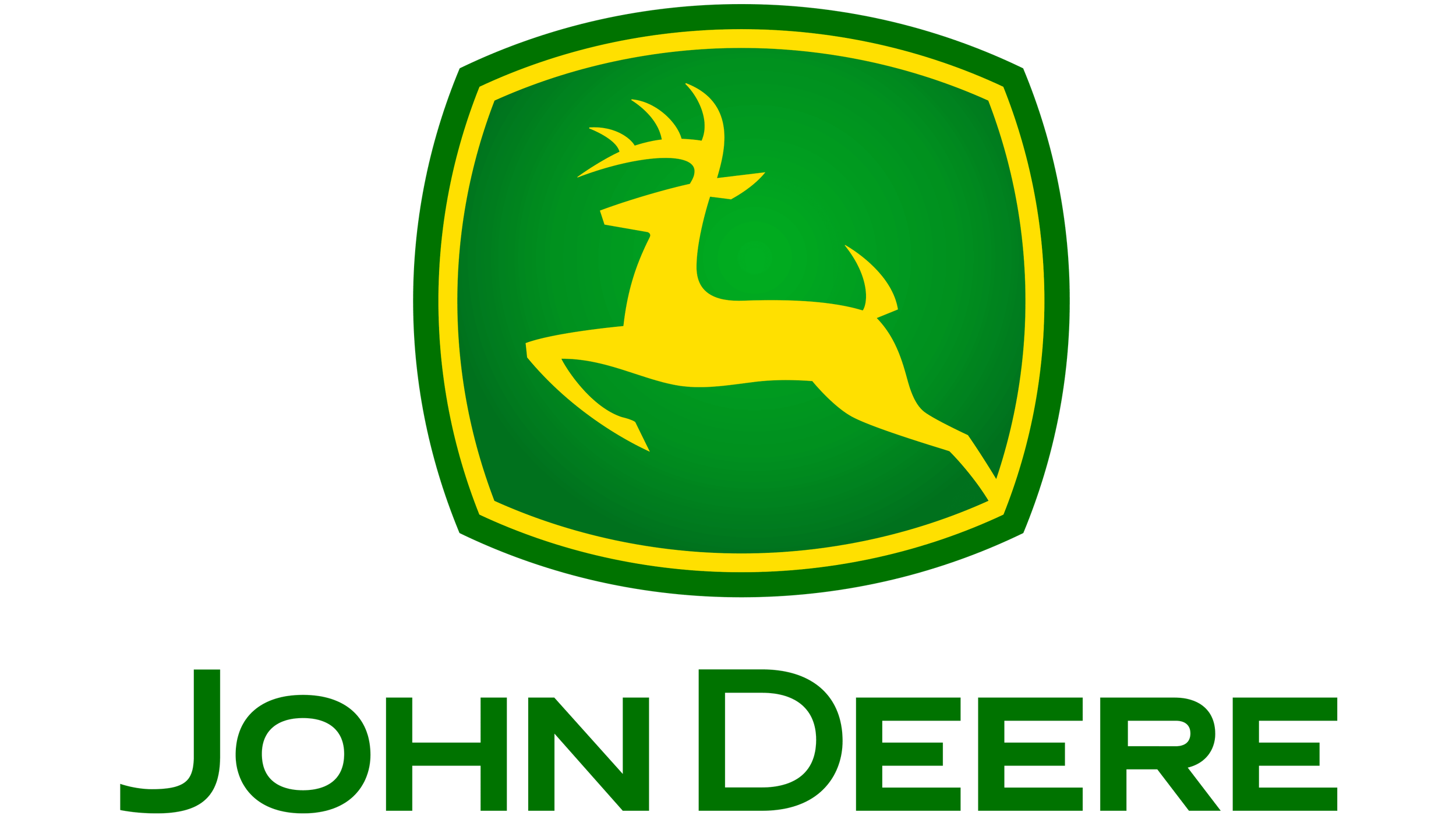 Logo da John Deere com um cervo amarelo estilizado dentro de um escudo verde, acompanhado do texto 'JOHN DEERE' escrito em verde.