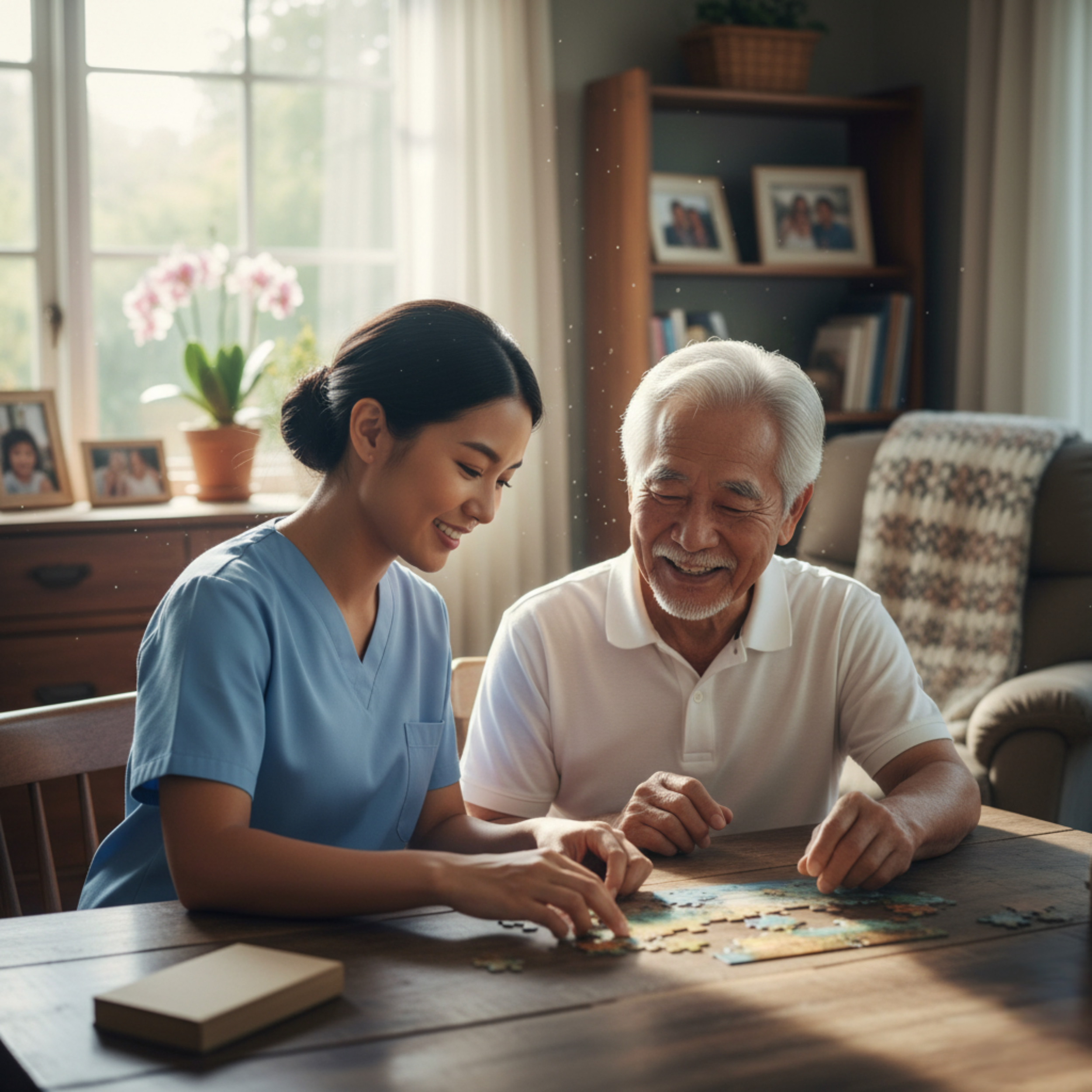 A nurse and an elderly man smiling while working on a jigsaw puzzle at a wooden table in a well-lit living room.