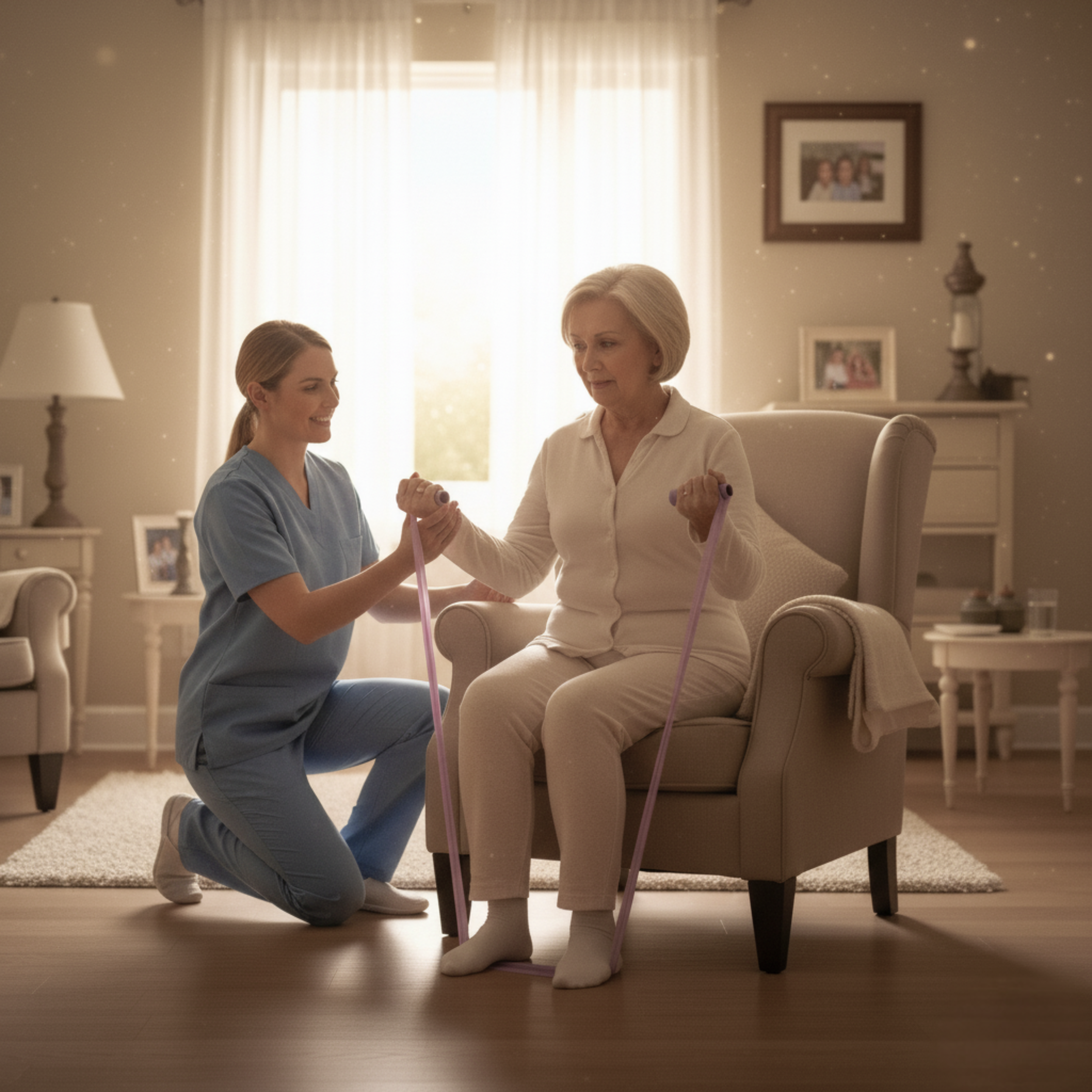 A caregiver assisting an elderly woman with seated exercise using resistance bands in a cozy living room.