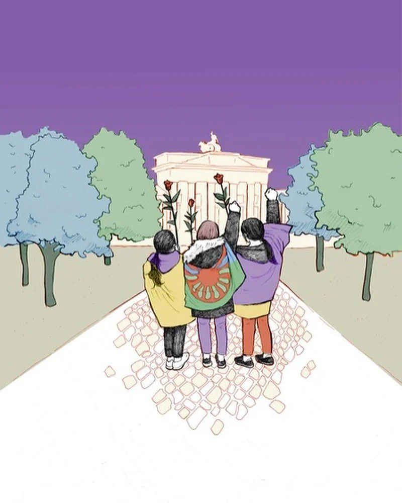 Illustration f&uuml;r das Filmplakat von &bdquo;Amaro Filmos - Wir sind hier&ldquo; 
Fineliner-Zeichnung, 42 x 30 cm, digital coloriert, 2022 

Save the date: N&auml;chste Vorstellung des Films am 7.7. im Gr&uuml;nen Salon @volksbuehne_berlin 

@roma