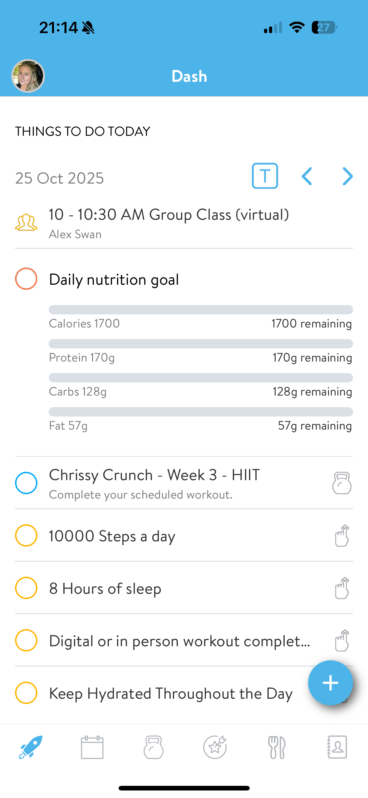 Mobile app dashboard with a list of tasks and goals for October 25, 2025, including virtual group class, daily nutrition, HIIT workout, steps, sleep, and hydration.