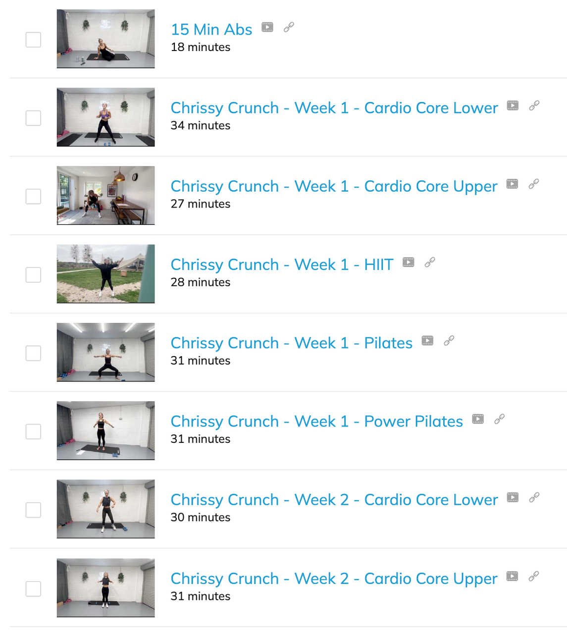 Screenshots of a workout video playlist featuring exercises like abs, cardio, HIIT, Pilates, and power Pilates, with images of a woman performing workouts in a home or studio setting.
