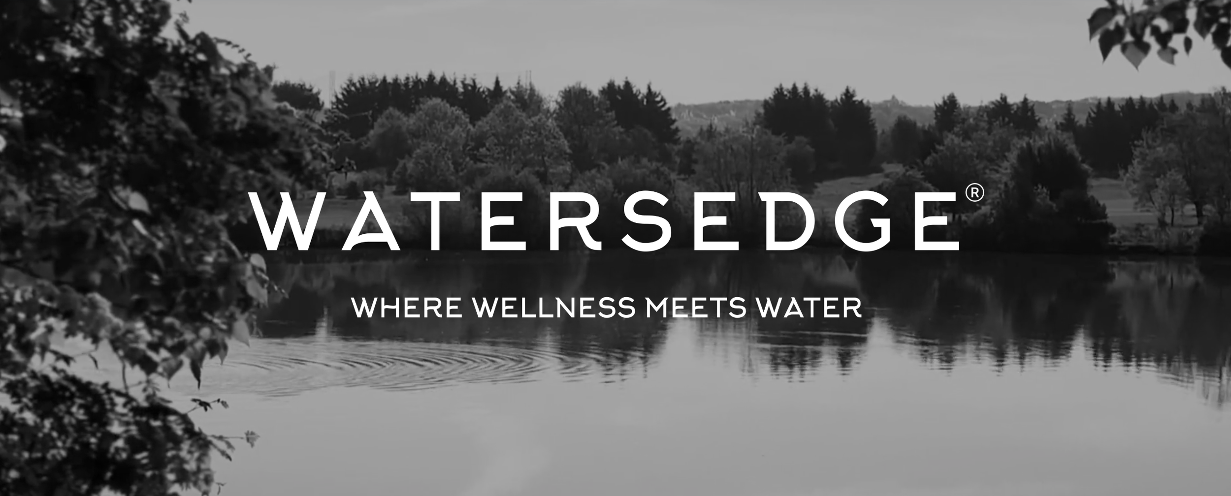 Black and white landscape photo of a water body with trees and hills in the background, overlaid with the text 'WATERSEDGE' and the slogan 'WHERE WELLNESS MEETS WATER'.