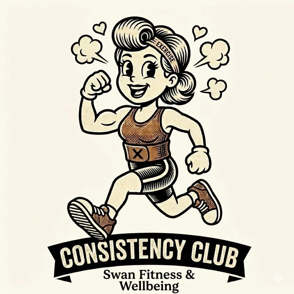 A cartoon woman running in exercise attire with a headband labeled 'Exercise,' surrounded by hearts and puff clouds, promoting fitness and wellbeing for the 'Consistency Club' by Swan Fitness.