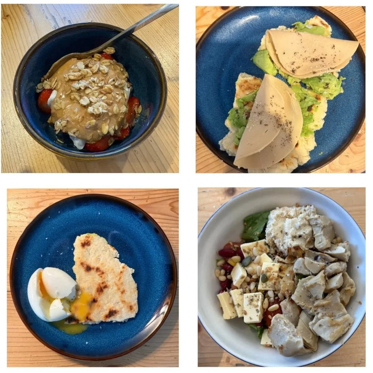 Top left: bowl with yogurt, cherry tomatoes, oats, and peanut butter. Top right: plate with lettuce, bread, and cheese. Bottom left: plate with toasted bread and soft boiled eggs. Bottom right: bowl with mixed greens, cheese, chicken, and seeds.
