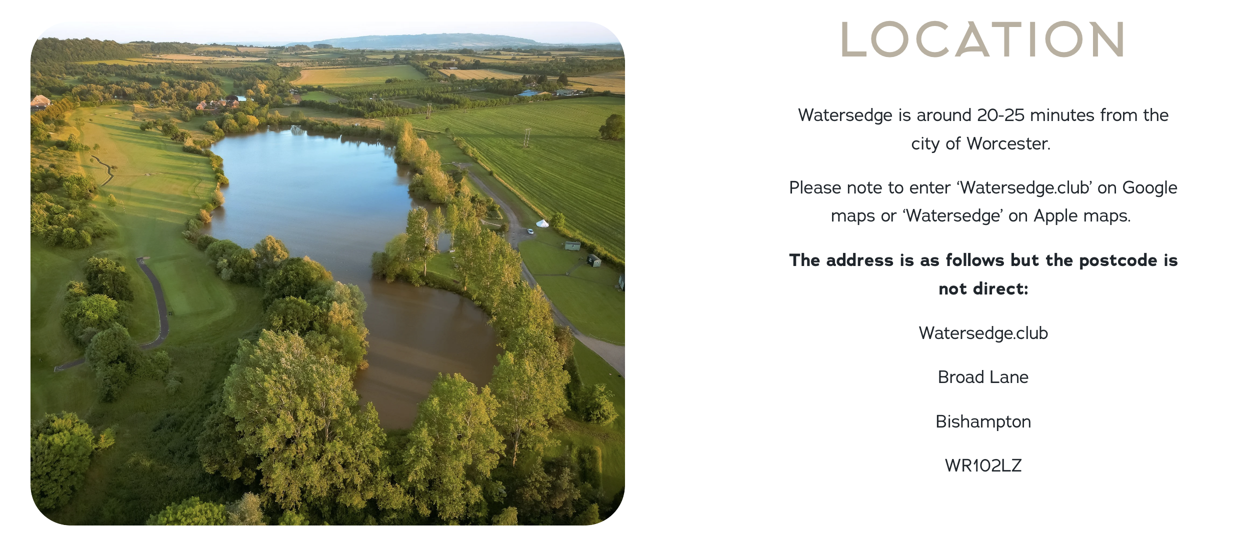 Aerial view of Watersedge golf course with a lake, green fairways, trees, and surrounding farmland in the background.