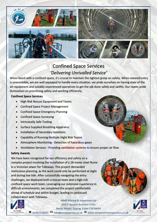 A flyer for MMP Marine & Inspection Ltd highlighting confined space services, safety awards, and their equipment. Includes images of workers in safety gear conducting inspections, rescue, and planning activities, and inside confined spaces.
