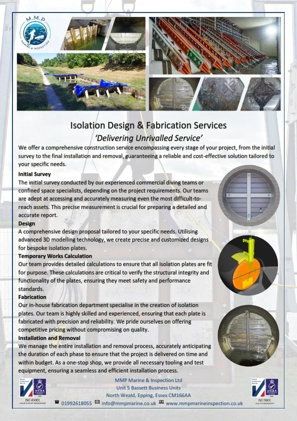 A promotional flyer for M.M.P Marine & Inspection Ltd showing their services including concrete structures, industrial rail systems, an outdoor walkway, and industrial doors, with detailed descriptions of their process for isolation design and fabrication services.