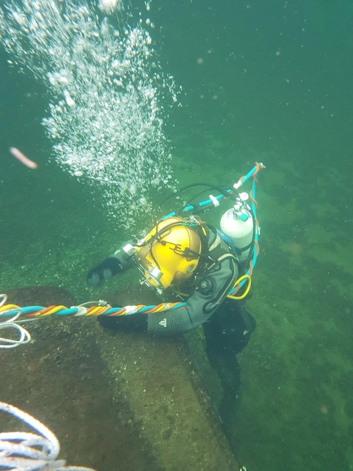 Person scuba diving underwater, holding onto a rope with bubbles rising above.
