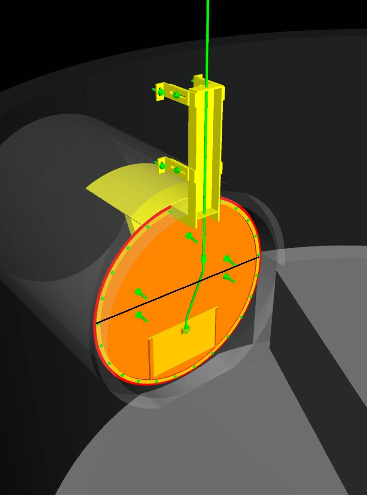A 3D model of a mechanical or electronic component, featuring a round orange base with green and yellow structural parts and green screw indicators, set against a dark background.