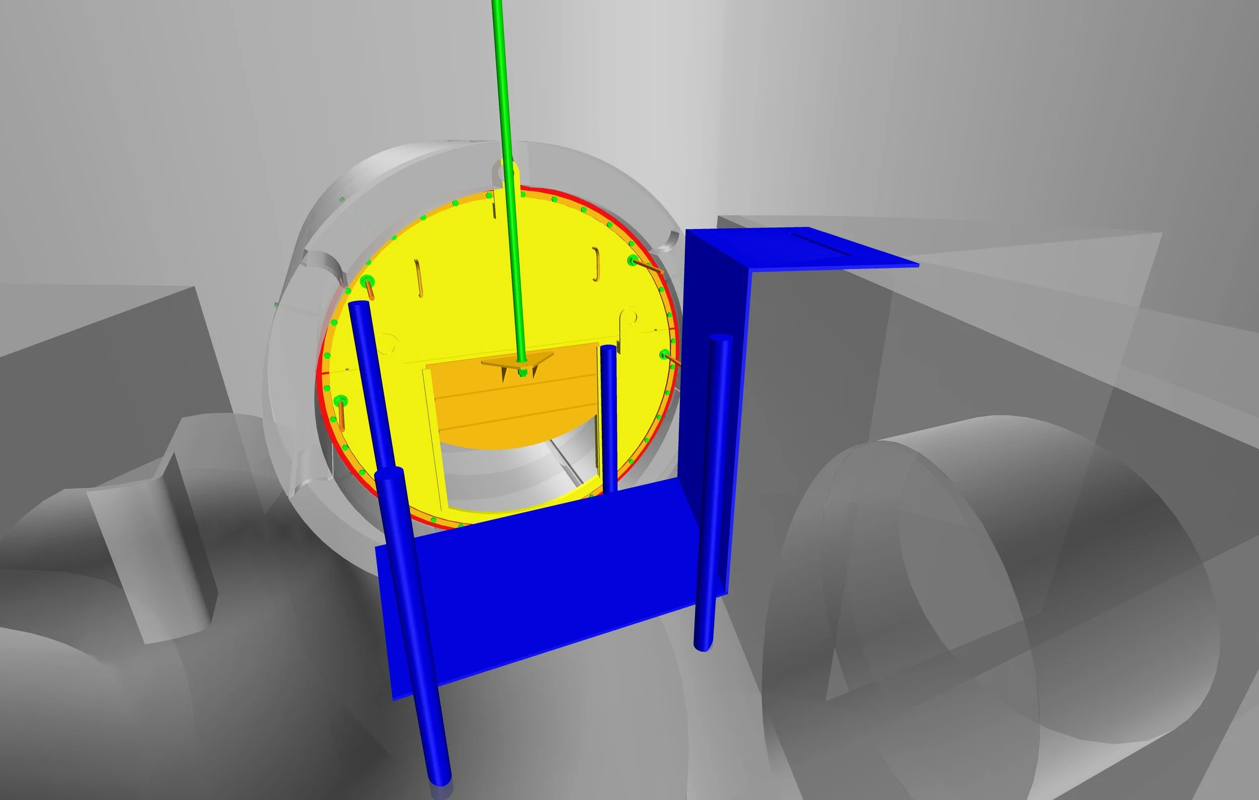 3D model of a scientific or engineering device with a circular yellow component, blue support structures, and green, red, and yellow pivot points, set against a gray background.