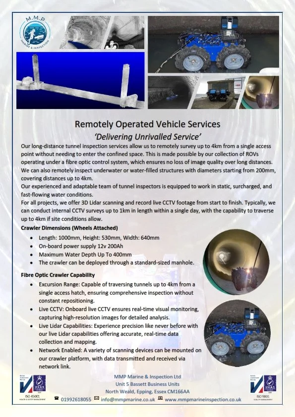 Poster for M.M.P Marine & Inspection Ltd promoting remotely operated tunnel inspection vehicles, showing images of crawler vehicles, camera equipment, and inspection footage, with details about their technical specifications and capabilities.
