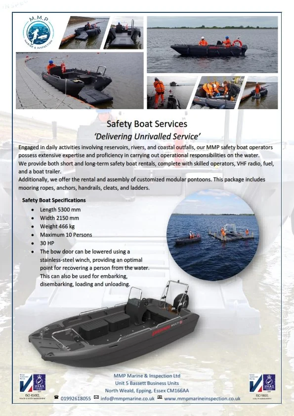 Advertisement for safety boat services by MMP Marine & Inspection Ltd, featuring images of safety boats on water, and listing specifications such as dimensions, weight, capacity, engine power, and additional features.
