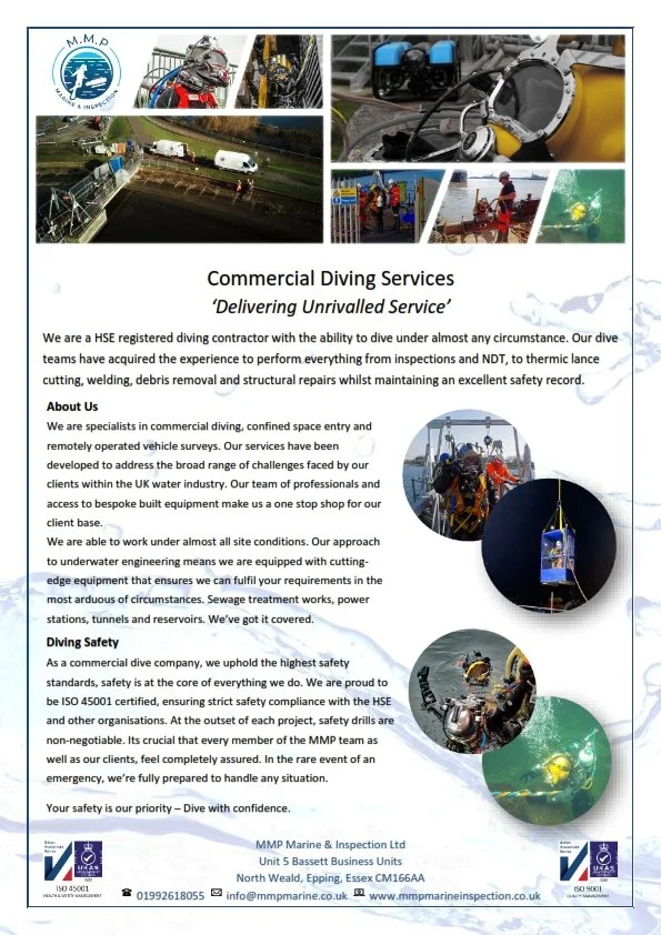 A flyer for MMP Marine & Inspection Ltd advertising commercial diving services with images of divers, diving equipment, and underwater scenes.