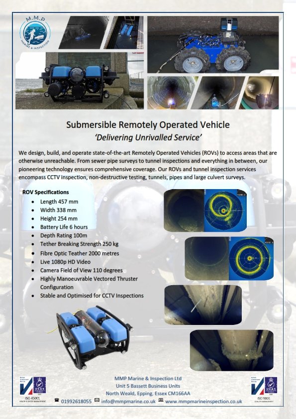 Poster describing a submersible remotely operated vehicle for sewer pipe inspections, including images of the vehicle and its components, specifications, and usage description.