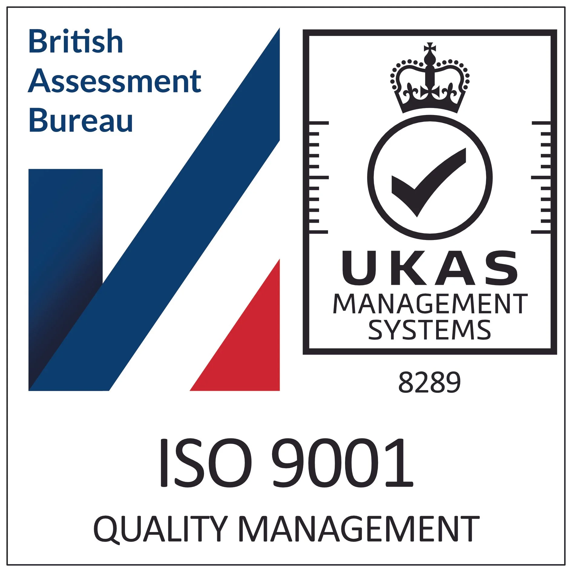 ISO 9001 quality management certification logo from the British Assessment Bureau, featuring a checkmark inside a circle with a crown on top, and the text 'UKAS Management Systems' with the number 8289.