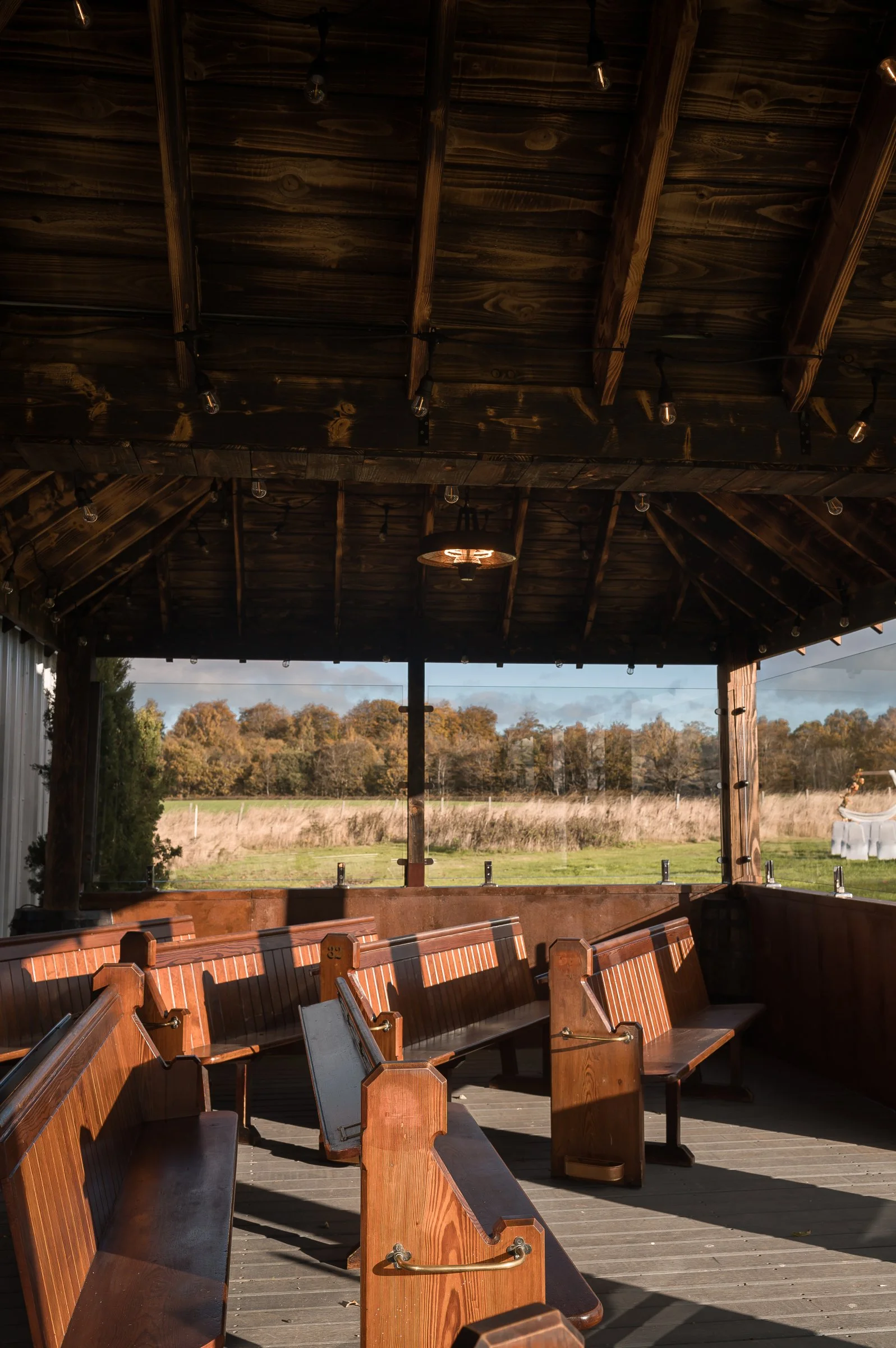 Empty outdoor pavilion with wooden benches, ceiling string lights, and open view of grassy field and trees in fall.