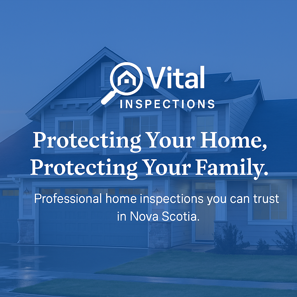 A large house with a blue color overlay and the logo of Vital Inspections, featuring a house inside a magnifying glass. Text reads 'Protecting Your Home, Protecting Your Family' and promotes professional home inspections in Nova Scotia.