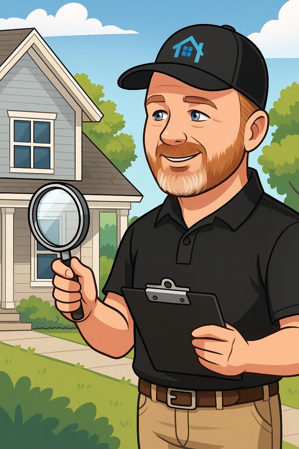 A man with a beard wearing a black cap and black polo shirt holding a magnifying glass and a clipboard standing outside a house with trees and a lawn in the background. Jason Edwards home inspection services.
