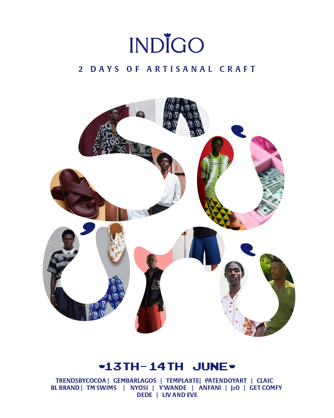 Event poster for Indigo, a two-day artisanal craft event on June 13-14, featuring images of fashion, accessories, and crafts, with a list of participating brands at the bottom.