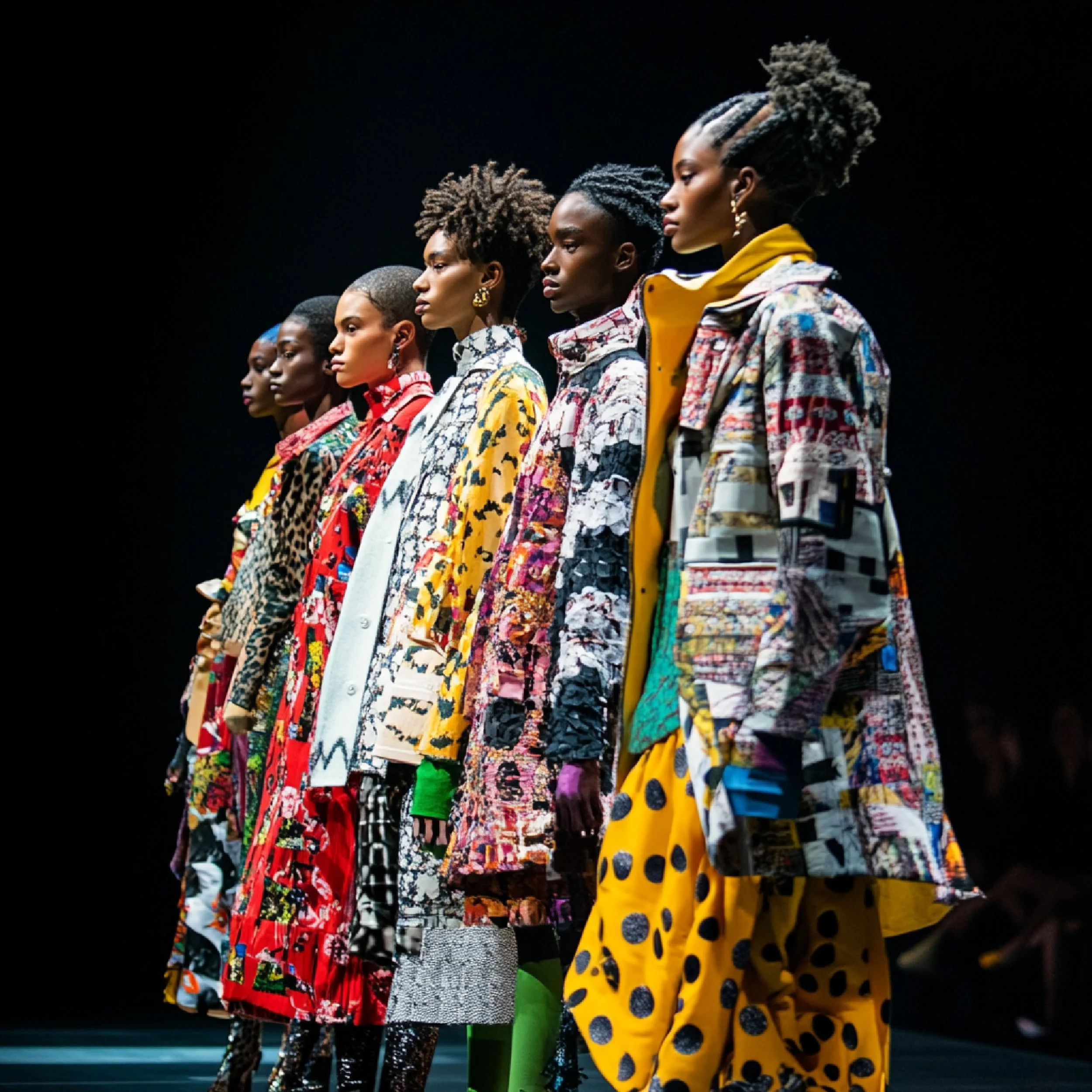 Six models walking down a runway wearing colorful, eclectic fashion with bold patterns and textures.