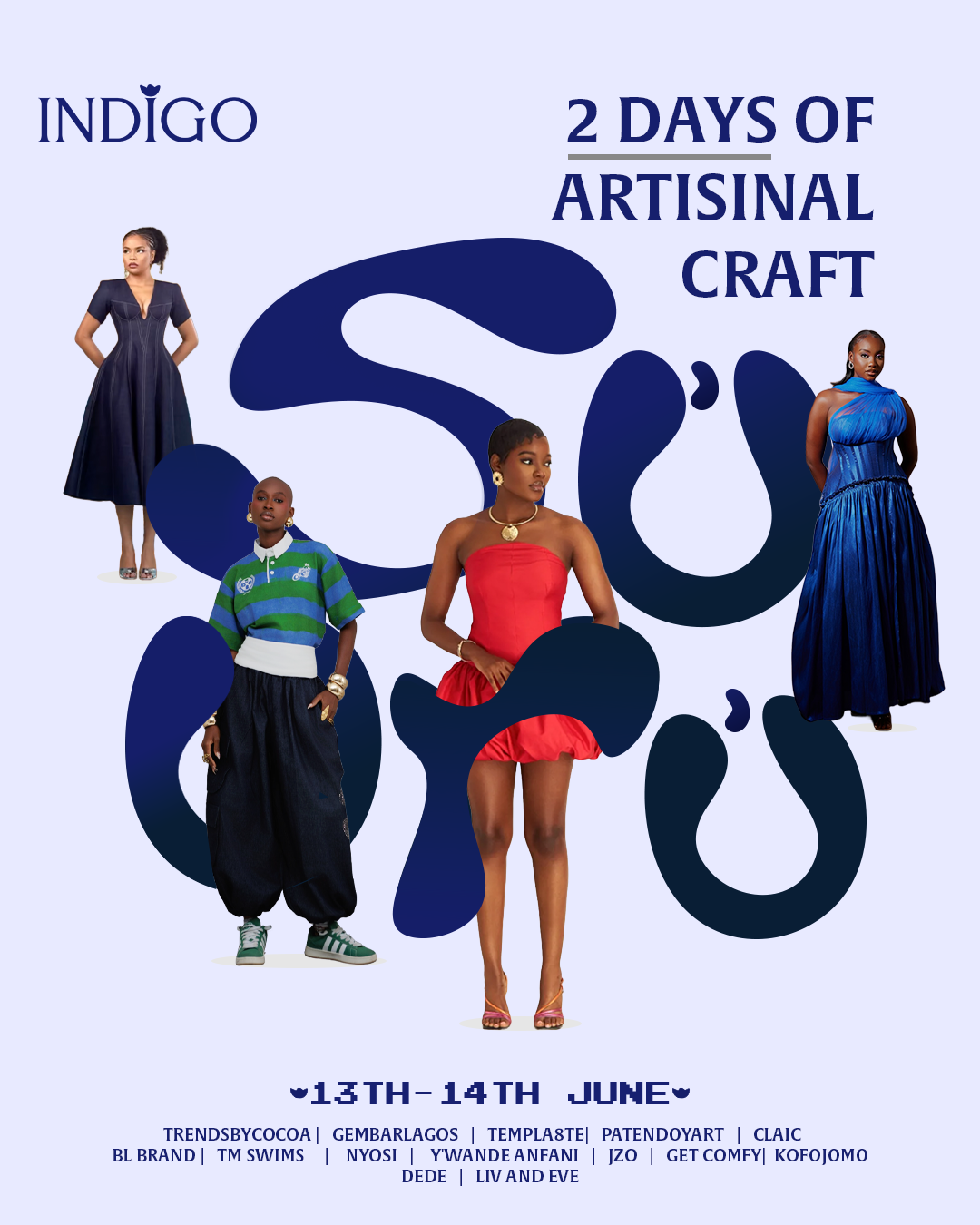 A promotional poster for '2 Days of Artisanal Craft' event by Indigo, featuring images of four women wearing various stylish outfits, and event details from June 13-14.