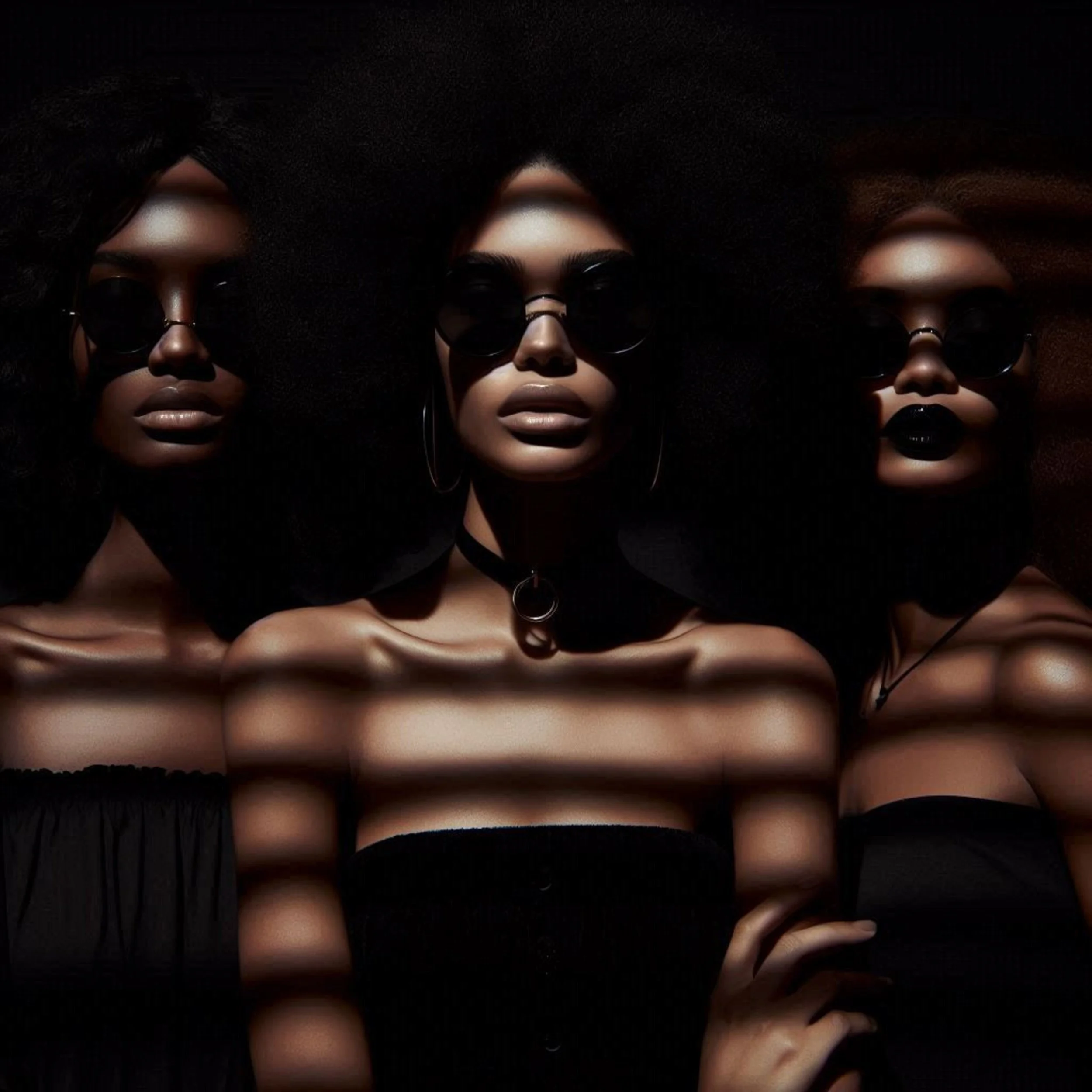Three women with dark skin wearing sunglasses and black clothing, with shadows cast across their faces and shoulders in a dark setting.