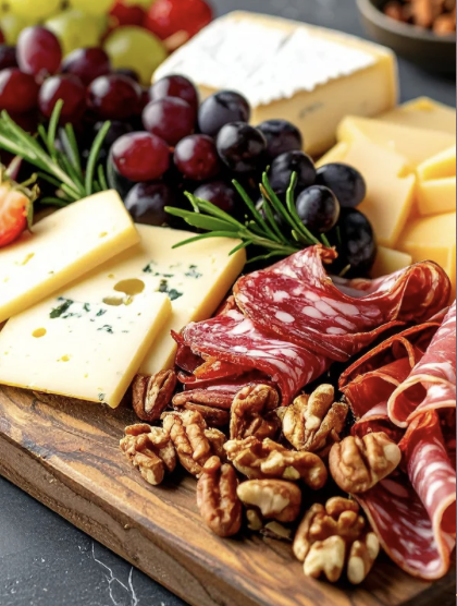 Cheese, grapes, charcuterie meats, walnuts, and herbs on a wooden tray.