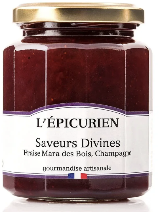A glass jar of artisanal jam with a gold lid, containing a red fruit preserve labeled "L'ÉPICURIEN Saveurs Divines" with strawberry Mara des Bois and champagne flavors, and a French flag icon.
