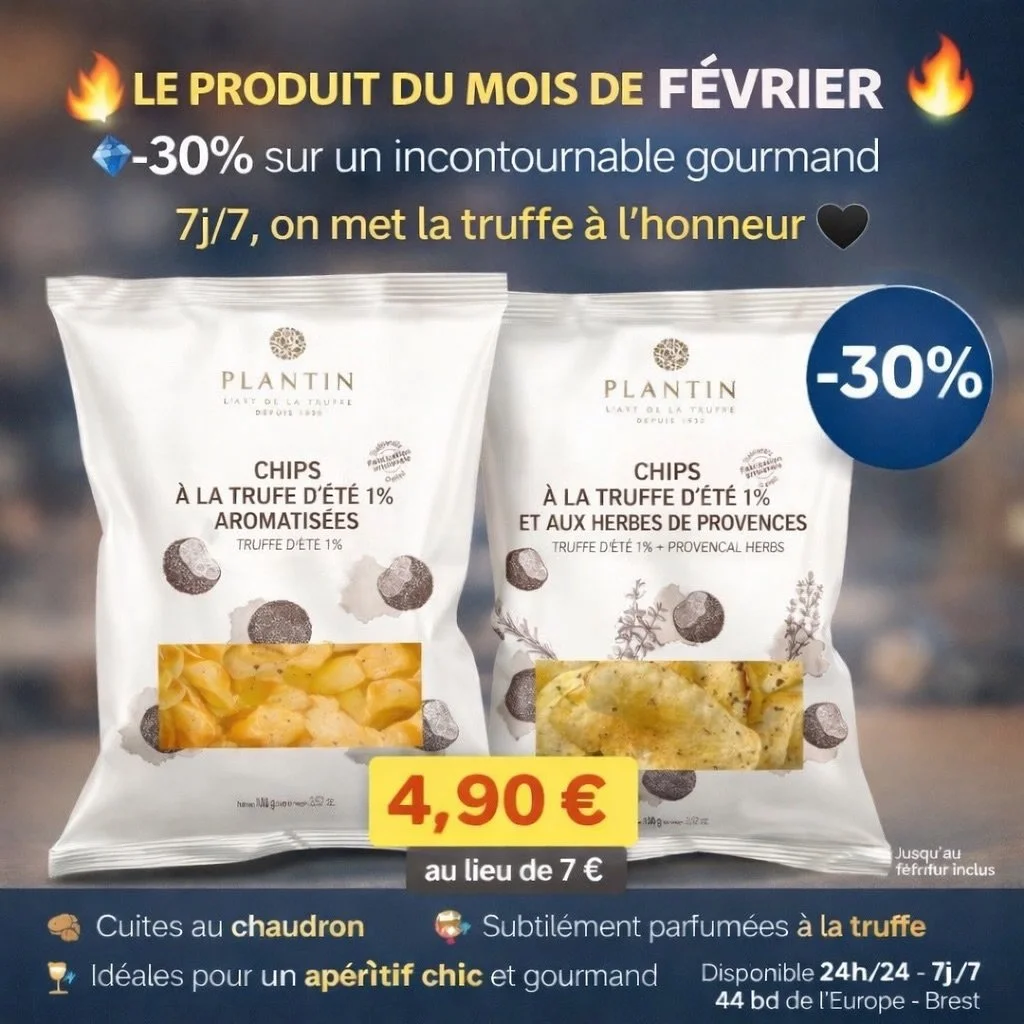 🔥 LE PRODUIT DU MOIS &ndash; F&Eacute;VRIER 🔥
💎 -30% sur un incontournable gourmand 💎

Ce mois-ci, dans nos casiers en libre-service 7j/7, on met la truffe &agrave; l&rsquo;honneur 🖤
👉 Les chips &agrave; la truffe d&rsquo;&eacute;t&eacute; 1% d