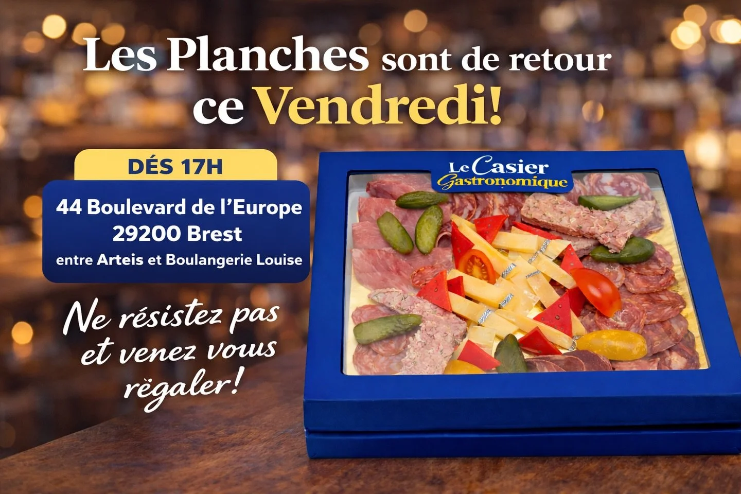 🥩🧀 LES PLANCHES SONT DE RETOUR ! 🧀🥩

📅 Ce vendredi, d&egrave;s 17h
Nos planches ap&eacute;ro sont de nouveau disponibles 🔥
⏳ Quantit&eacute;s limit&eacute;es&hellip; ne tardez pas !

📍 44 Boulevard de l&rsquo;Europe, 29200 Brest
➡️ Entre la Bo