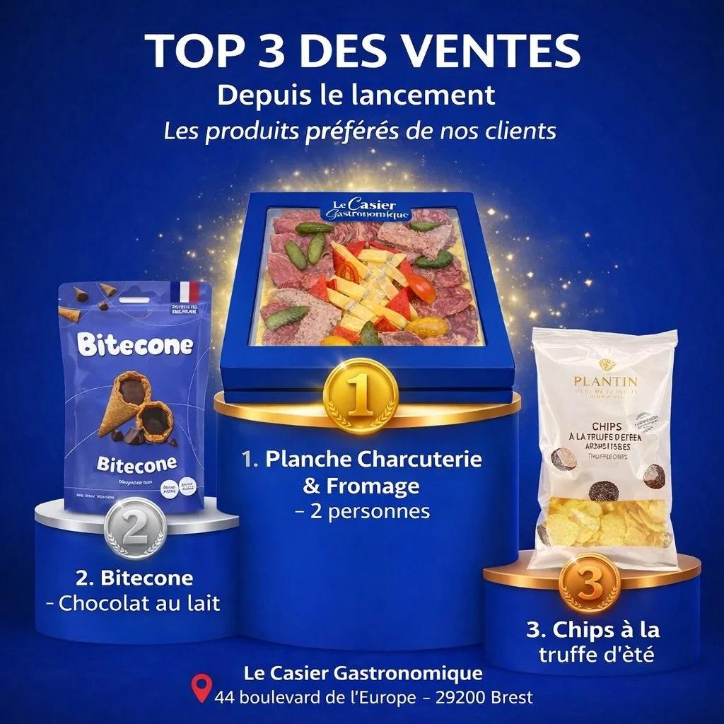 🏆 TOP 3 DES VENTES depuis le lancement

Vous &ecirc;tes nombreux &agrave; passer au casier&hellip; et certains produits se d&eacute;marquent clairement 💙

🥇 Planche charcuterie &amp; fromage &ndash; 2 personnes
🥈 Bitecone chocolat au lait
🥉 Chip