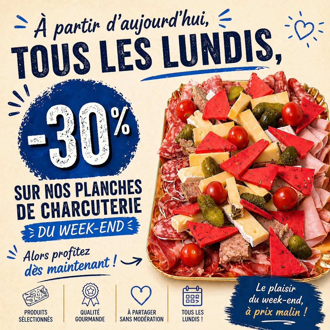 Le lundi a trouv&eacute; sa mission : vider nos planches du week-end 😏🥓🧀

&Agrave; partir d&rsquo;aujourd&rsquo;hui, tous les lundis, profitez de -30% sur nos planches de charcuterie encore disponibles.
Du bon, du gourmand, du malin&hellip; et sur