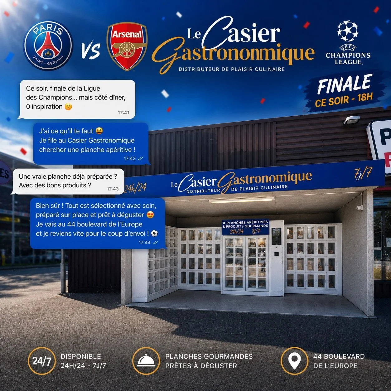 ⚽ PSG - Arsenal ce soir.

Le match commence &agrave; 18h.
L&rsquo;ap&eacute;ro est d&eacute;j&agrave; pr&ecirc;t.

📍 44 boulevard de l&rsquo;Europe