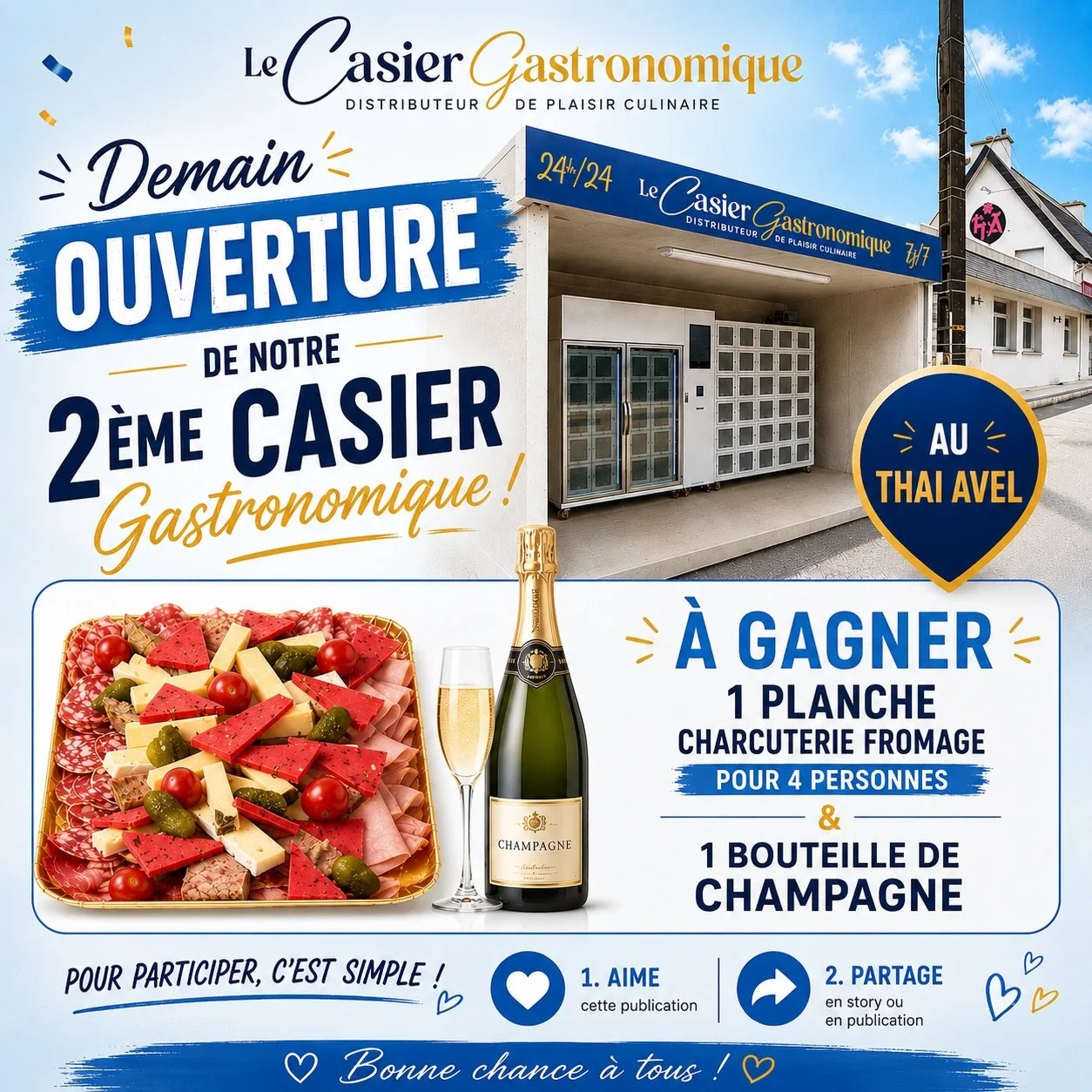 🎉 OUVERTURE DEMAIN DE NOTRE 2ᵉ CASIER GASTRONOMIQUE AU THAI AVEL ! 🎉

Apr&egrave;s plusieurs semaines de pr&eacute;paration, nous sommes heureux de vous annoncer l&rsquo;ouverture de notre nouveau point de vente d&egrave;s demain ! 🥳

Pour c&eacut