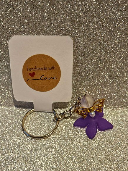 Handmade Purple Flower Keyring with Butterfly Accent