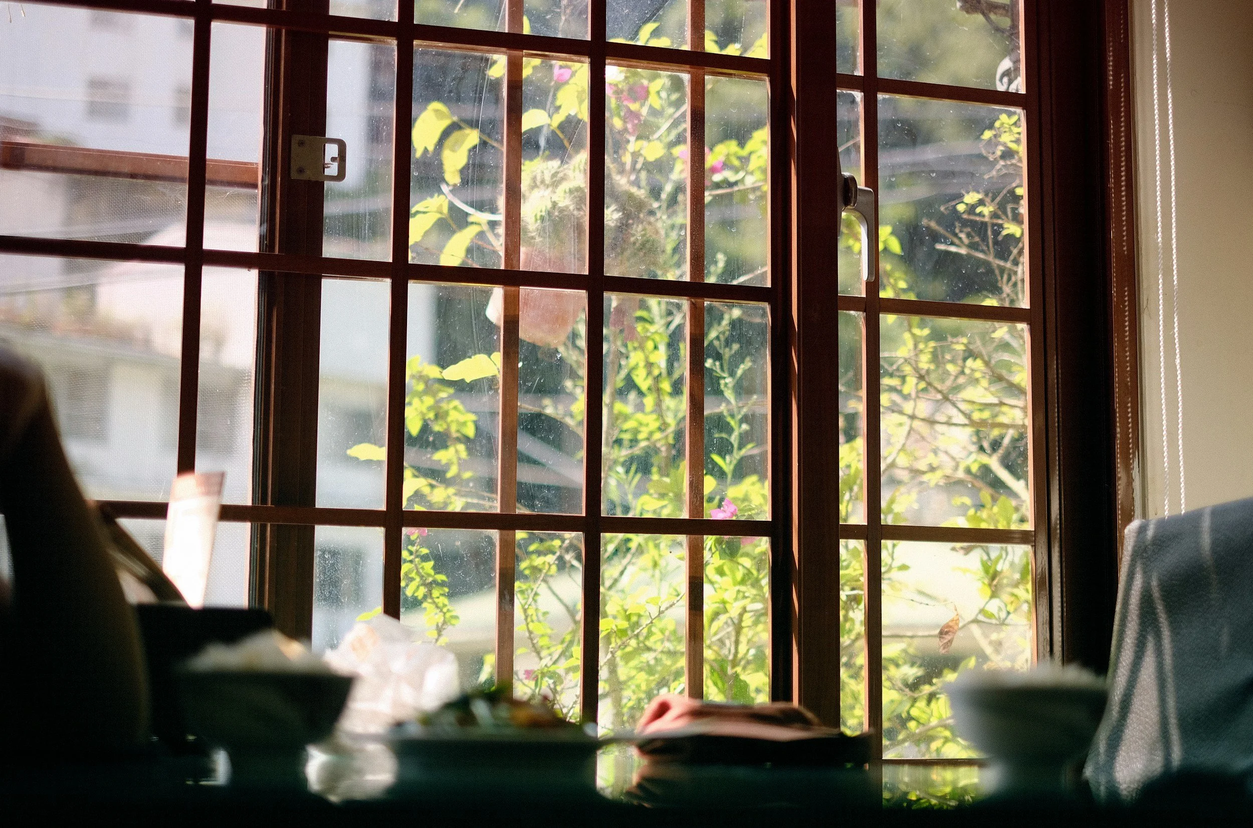 View through a wooden window grid showing green leaves and pink flowers outside, with soft sunlight shining through.
