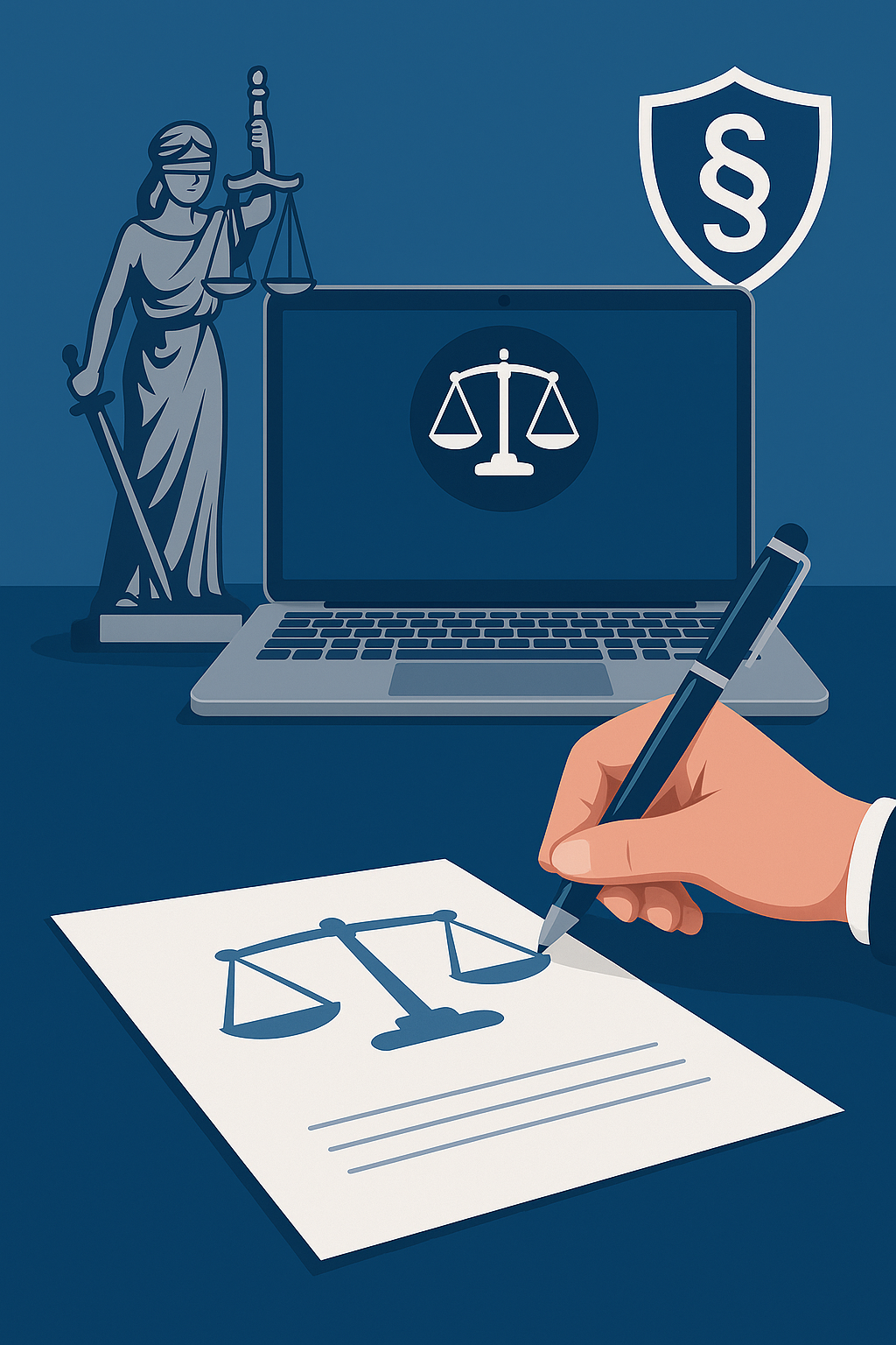 Illustration eines Handes, der eine rechtliche Skala auf einem Papier zeichnet, im Hintergrund ein Laptop mit einer Gerechtigkeitswaage auf dem Bildschirm, eine Statue der Justitia und ein Symbol für Rechtsschutzschild.