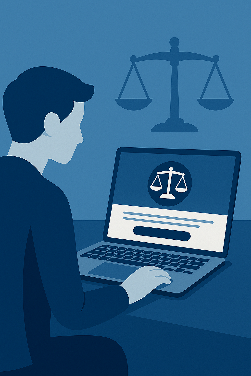 Digitaler Vilägendienst mit Gleichgewichtssymbol auf Bildschirm und im Hintergrund.