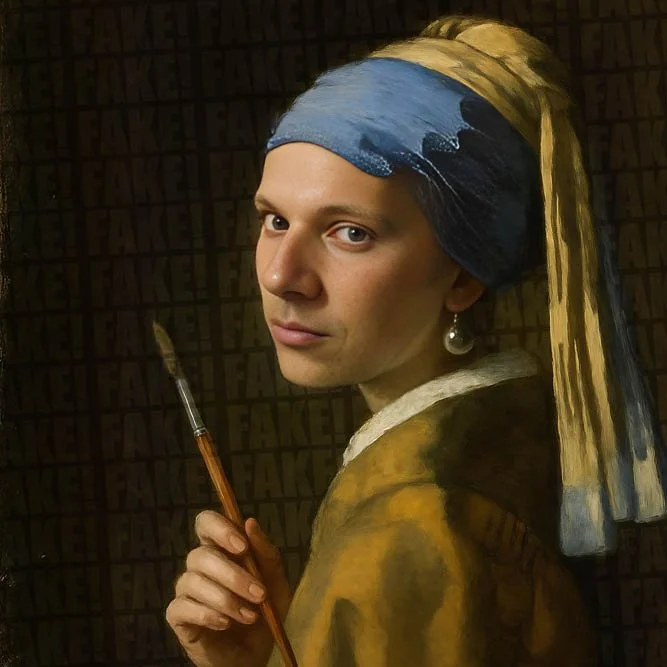 A woman with superimposed elements of a famous painting by Vermeer, holding a paintbrush, with a background labeled 'FAKE' repeatedly.