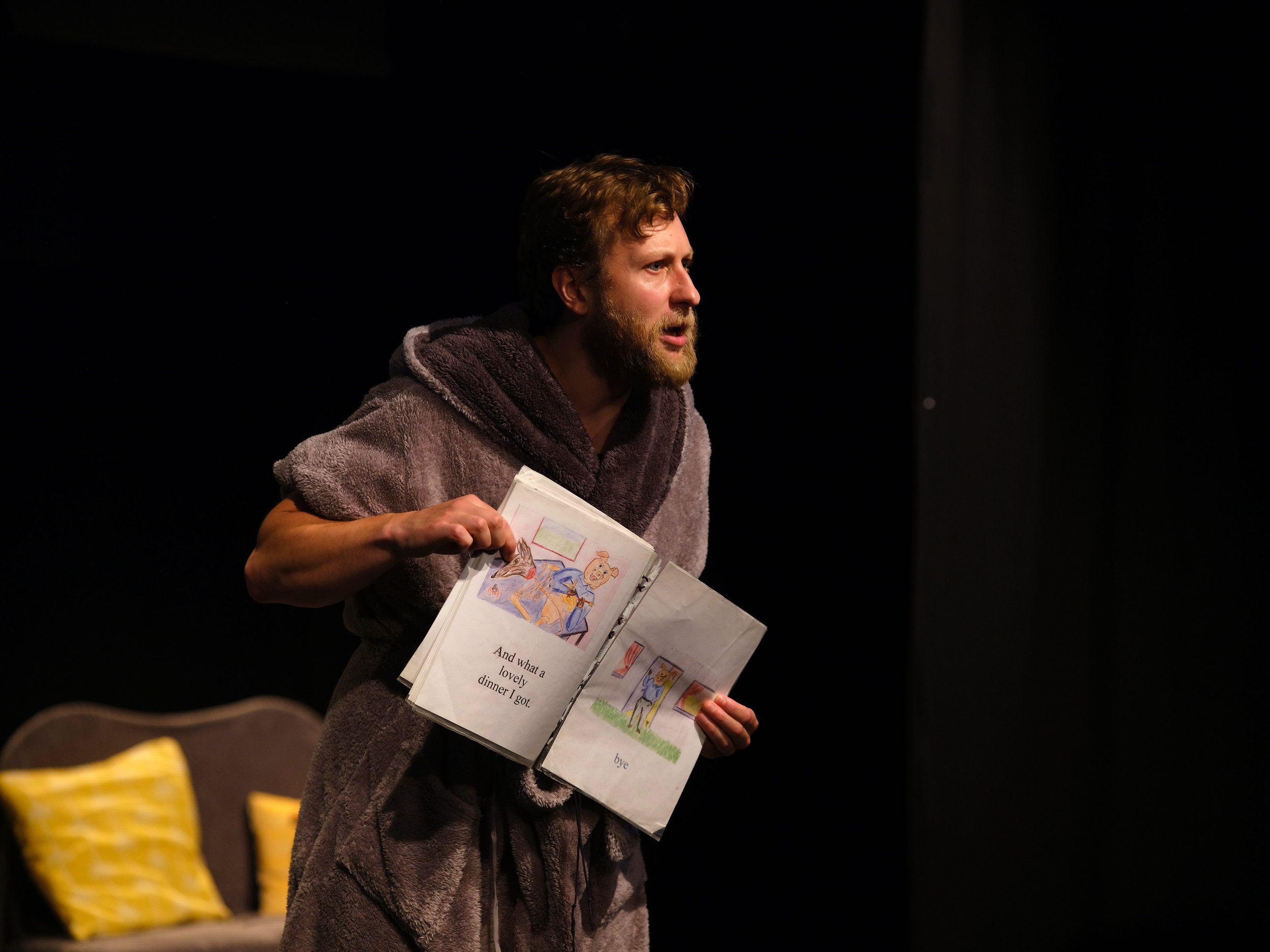 A person holding an illustrated children's book open, standing against a dark background, with part of another person wearing a yellow plaid shirt visible in the foreground.