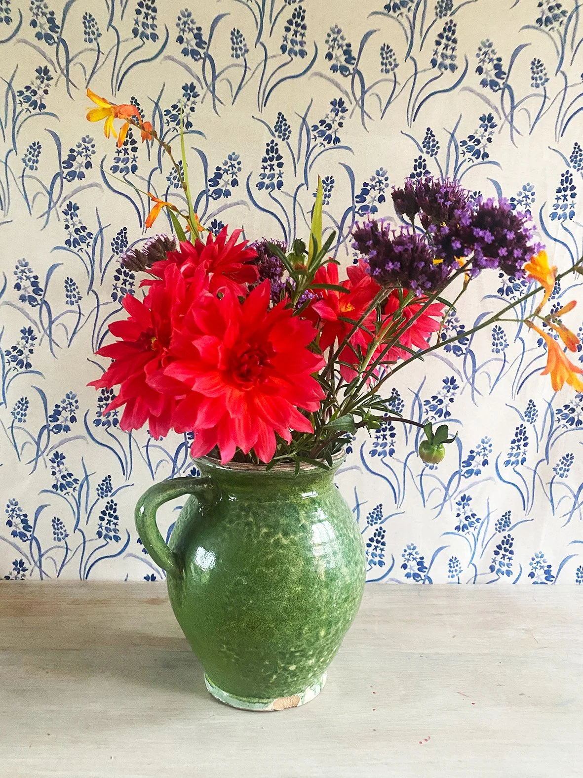 kate Parkington Grape hyacinth blue on linen fabric with dahlia jug.jpg