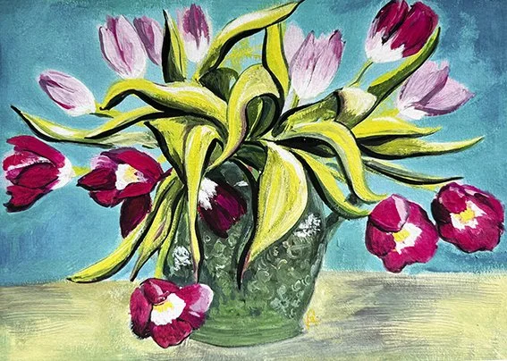 Kate_Parkington_pink tulips in green jug .jpg