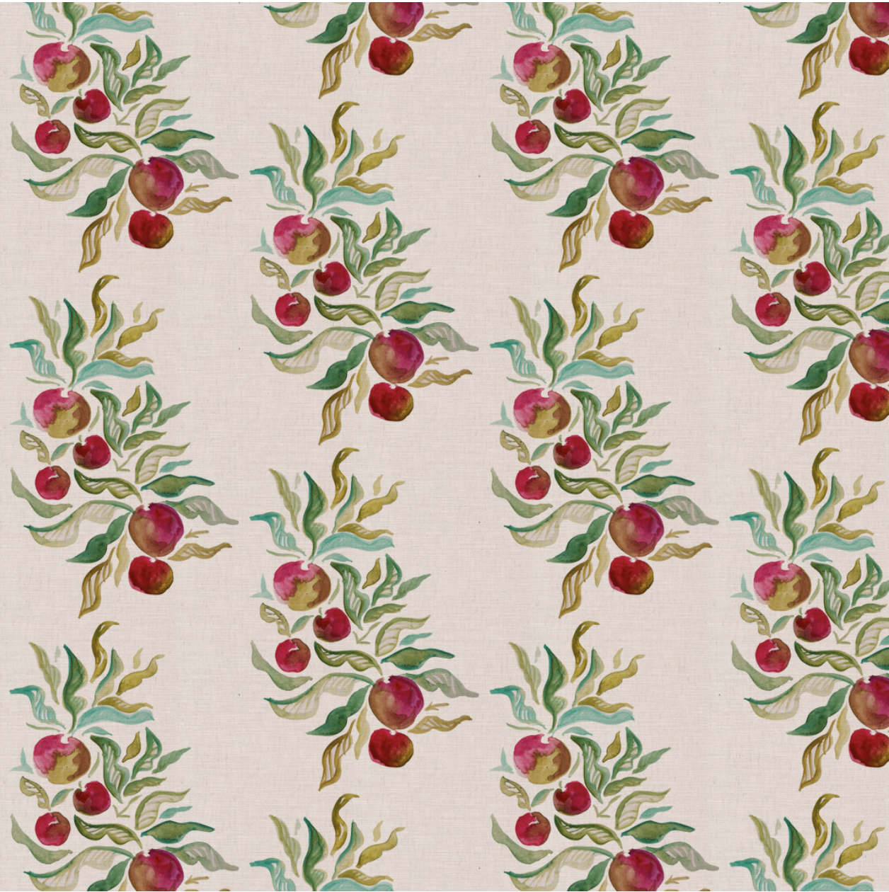 A seamless watercolor pattern of apple branches with red apples and green and yellow leaves on a light beige background.