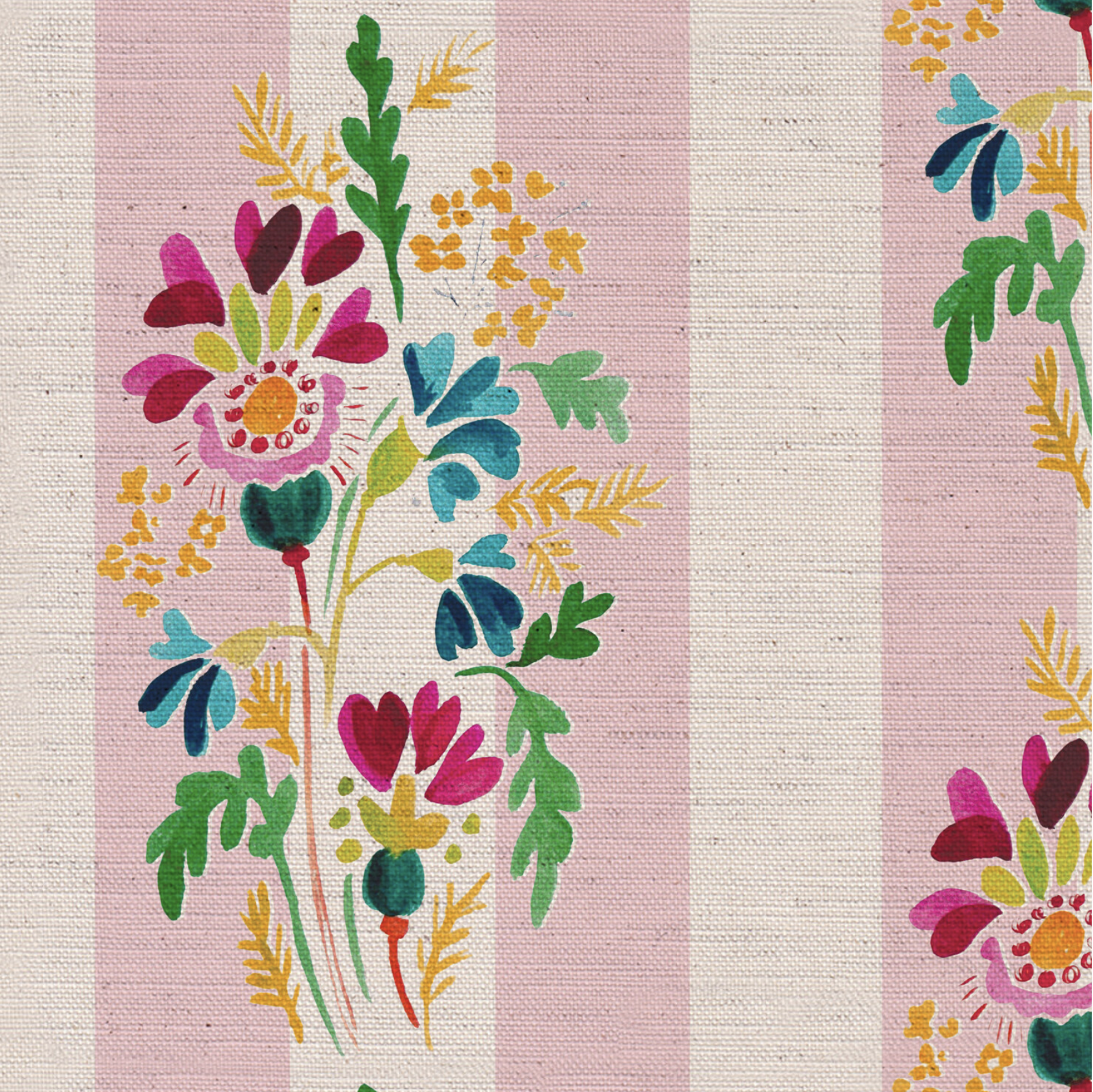 Close-up of a colorful floral fabric pattern with pink, yellow, green, blue, and purple flowers on a striped background.