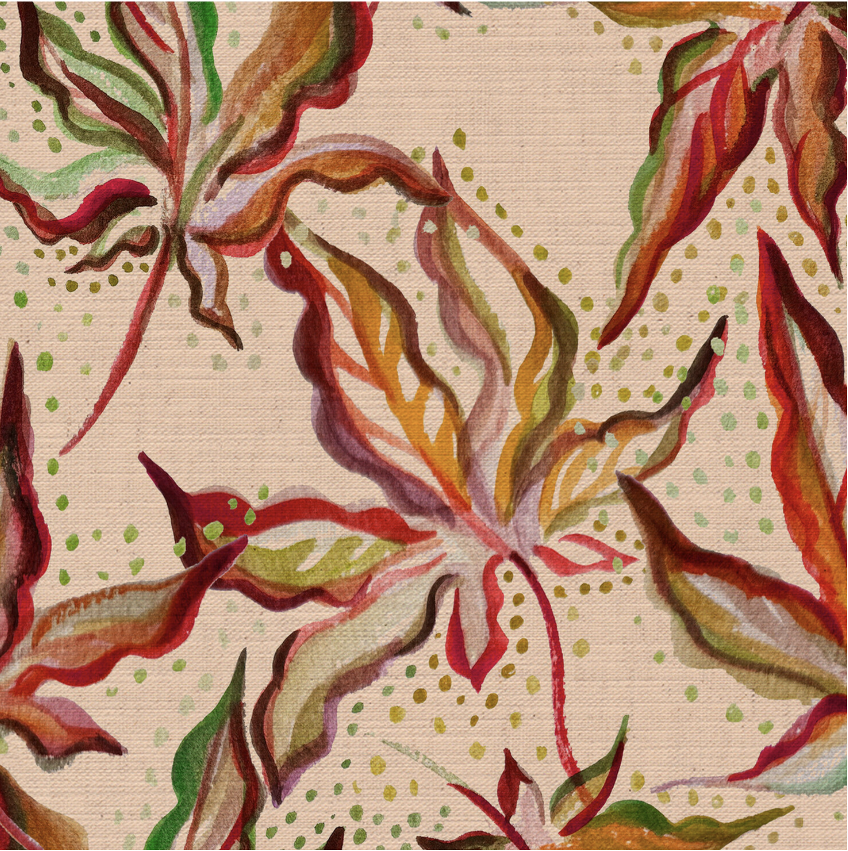 An abstract floral painting with bold, colorful petal and leaf shapes outlined in black, on a textured beige background with scattered green dots.