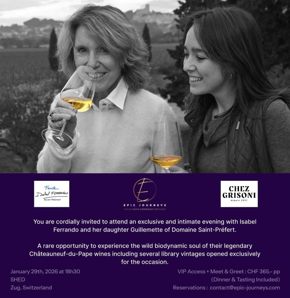 A rare opportunity to gather with La Famille Ferrando of Domaine de Saint-Pr&eacute;fert - January 29 🍇 Join us for this private experience.

🔗Reserve your place: contact@epic-journeys.com

#epicjourneys #winetasting #bespokeevents #chateauneufdupa