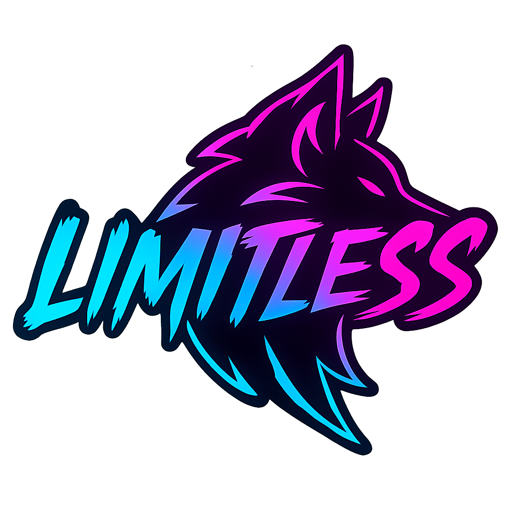 A neon-style graphic featuring a wolf's head outline with the word 'LIMITLESS' in bold, colorful letters across it, blending purple, pink, blue, and cyan tones.