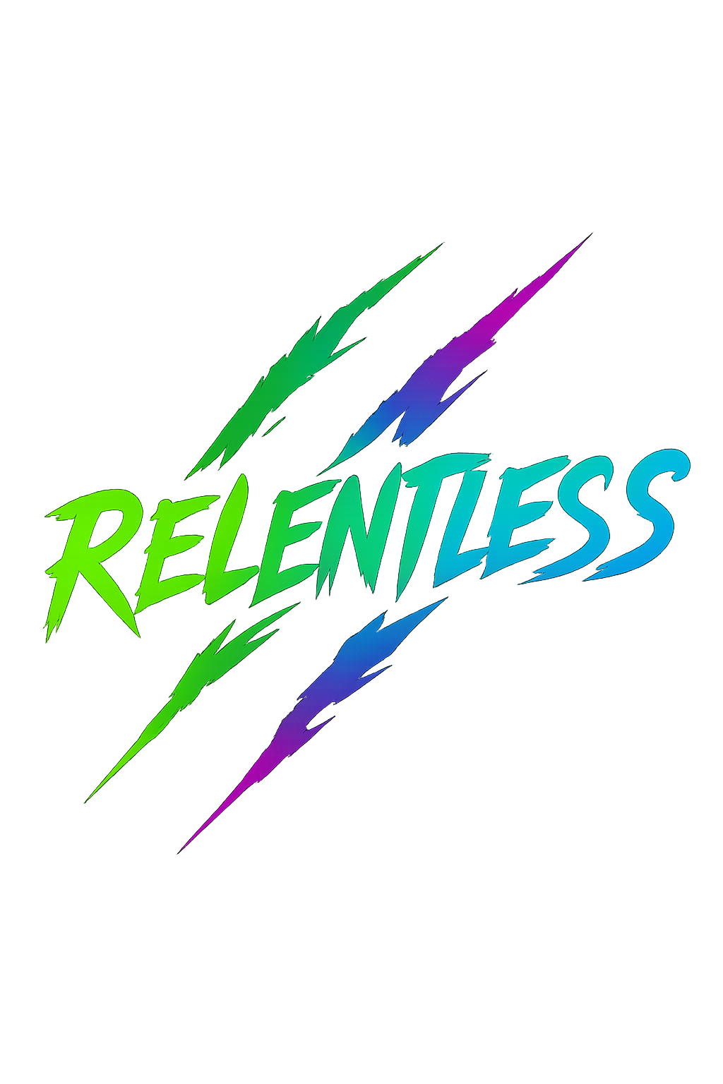 Neon-style colorful text reading "RELENTLESS" with lightning bolt design in green, blue, purple, and cyan on black background.