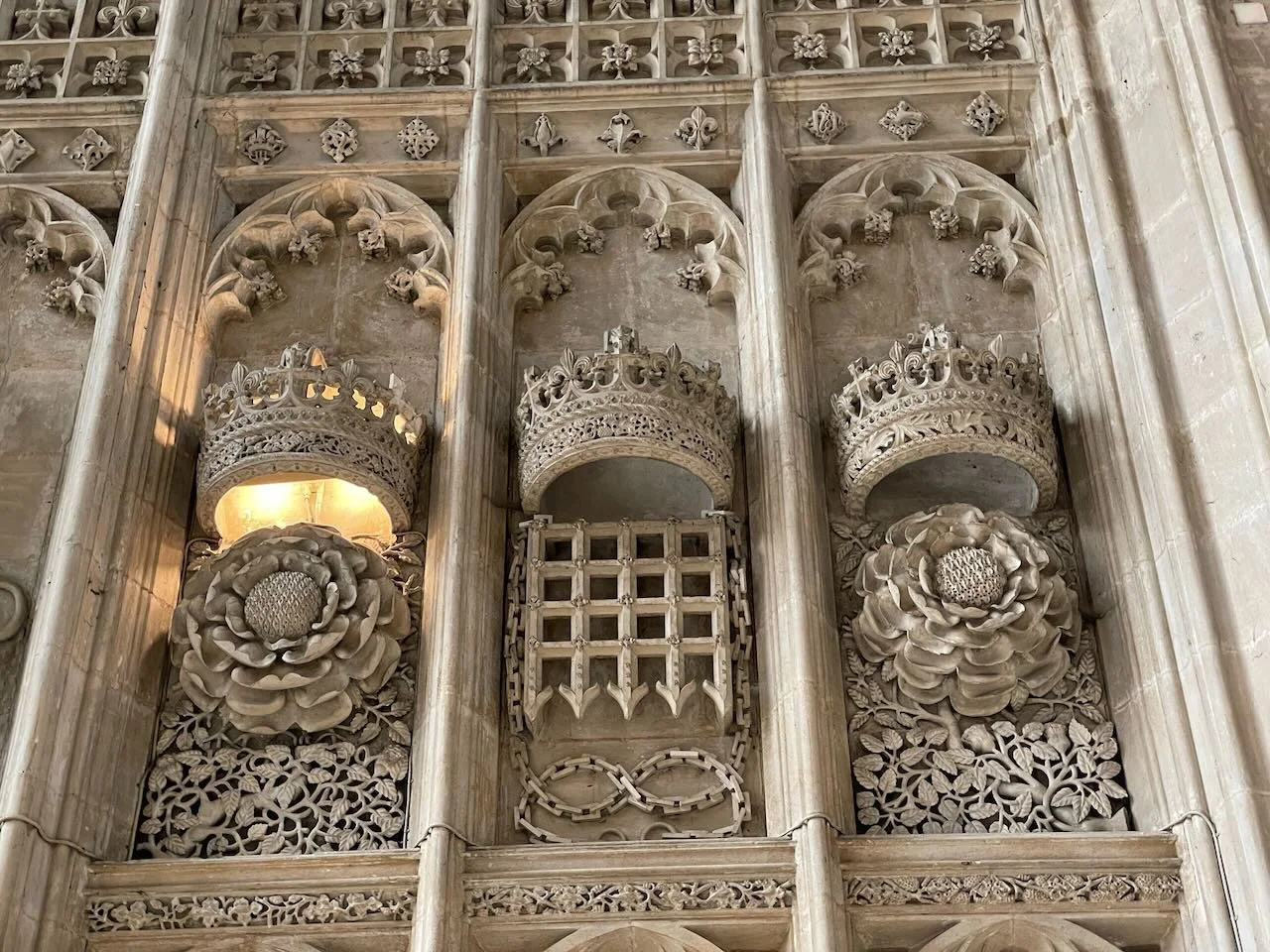 Inside King's College Chapel. Stone carvings found in the antechapel. As qualified Green Badge guides, we are the only people allowed to give you a tour inside the chapel itself.